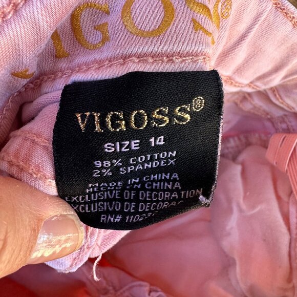 Vigoss Girls Pink Mid-Shorts With Embroidered Rose Distressed Look Adjustable Wa - Picture 2 of 14